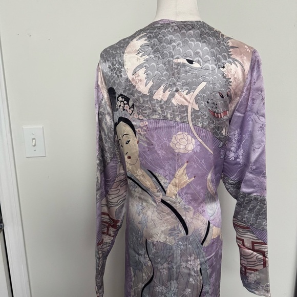 Vintage 100% Silk Kimono Robe Duster w Print japanese dragon geisha XL lavender - Picture 7 of 15